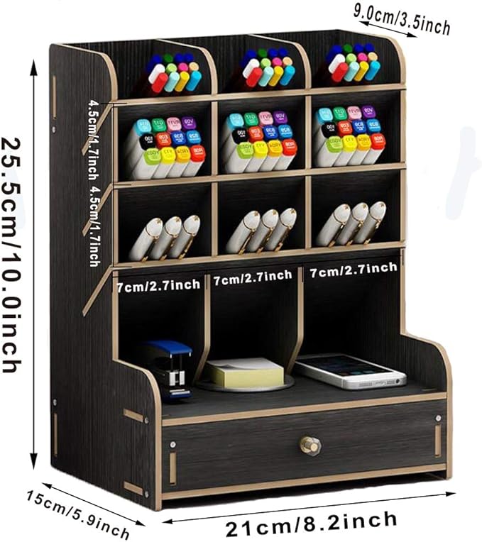 Marbrasse Wooden Desk Organizer, Multi-Functional DIY Pen Holder, Organizer for desk, Desktop Stationary, Easy Assembly, Home Office Art Supplies Storage with Drawer (B11-Black)