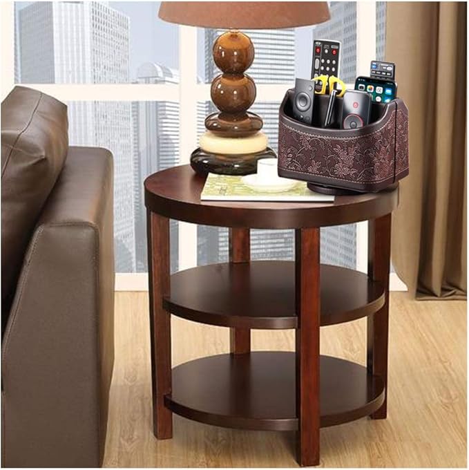 YAPISHI Antique Leather Remote Control Holder, 360 Degree Spinning Desk TV Remote Caddy/Box, Bedside Table Organizer for Controller, Media, Calculator, Mobile Phone and Pen Storage