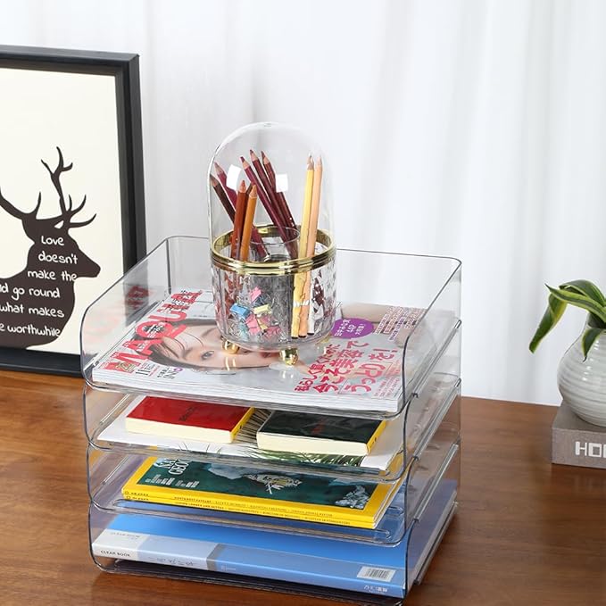 3 Tiers Stackable A4 Paper Trays, Office Desk File Holder, Tidy File Document Letter Book Paper Organizer (3 Tiers,Clear)