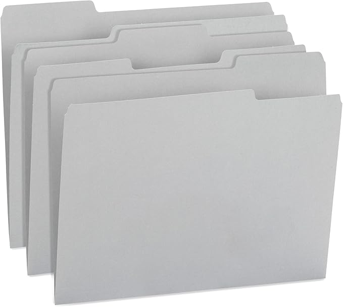 100 Blue Summit Supplies Gray File Folders Letter Size - Durable 11pt Grey Folders, 1/3 Cut 3 Tabs Gray Folders, Holds Letter Size Documents