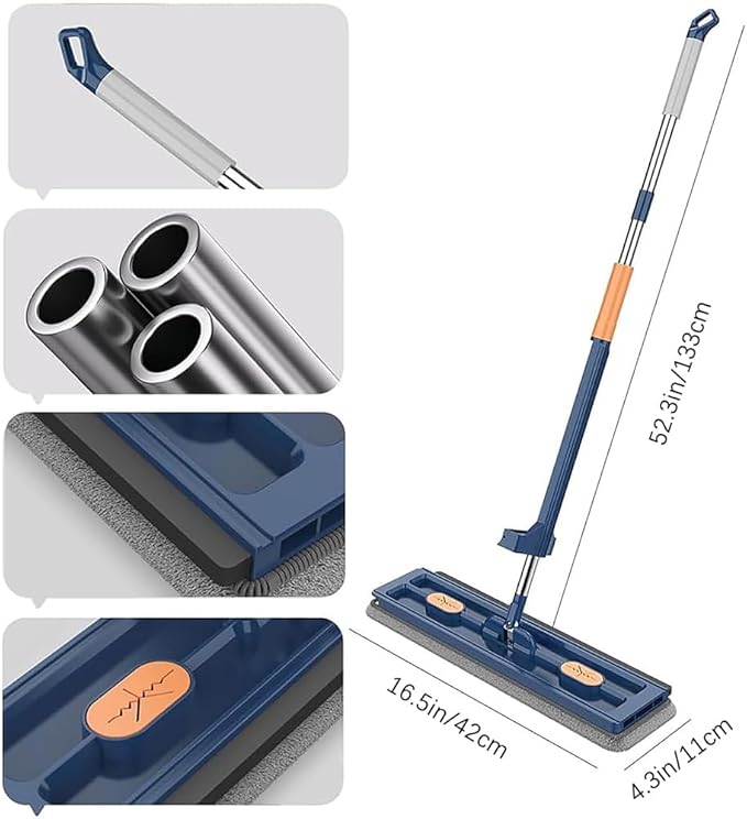 Large Flat Mop, Saker Plus Self Wringing Mop 360° Rotating Flat Mops with Washable Microfiber Pads, Independent Drainage Scraper Floor Cleaning System (White, 2 Microfiber Pads)