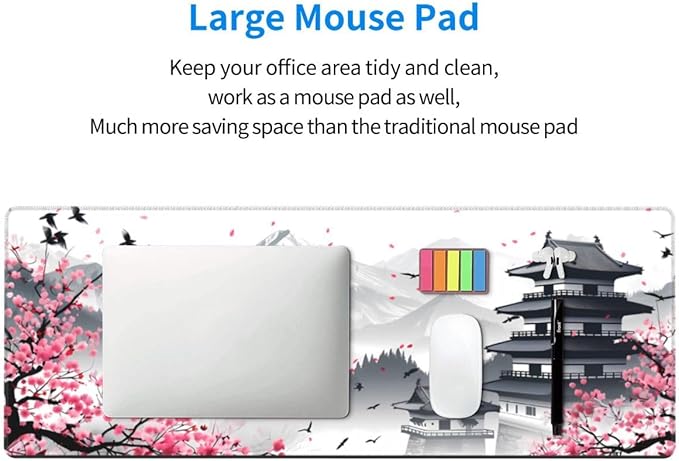 Desk Pad,Office Desk Mat 31.5"×11.8"Large Gaming Mouse Pad,Durable Extended Computer Mouse Pad,Waterproof Thick Big Mouse Pads with Non-Slip Rubber Base Office Home Japanese Castle Cherry