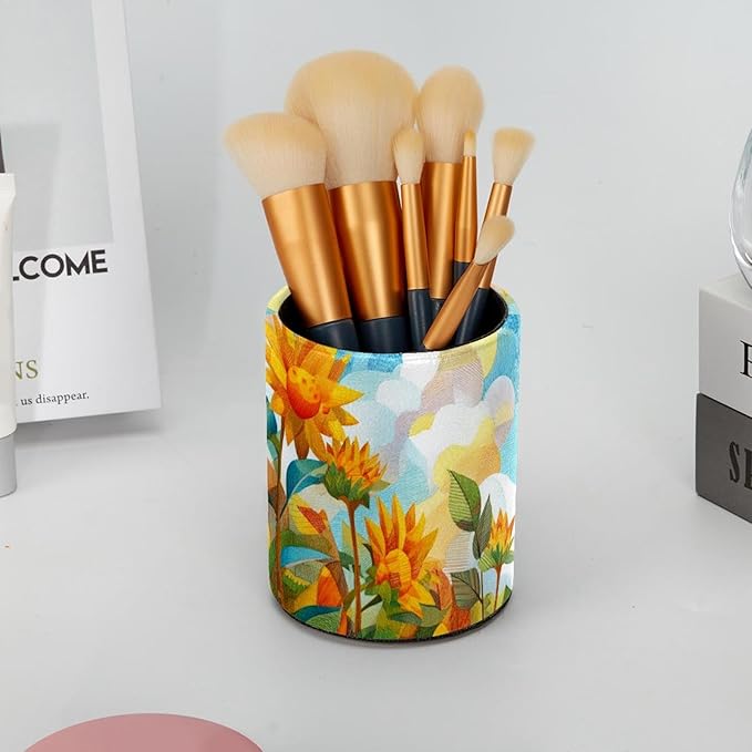 Watercolor Art Sunflower PVC Leather Circular Pencil Holder for Desk Organizer Stationery Holder for Office, School(3.9 x 3.1 Inches)