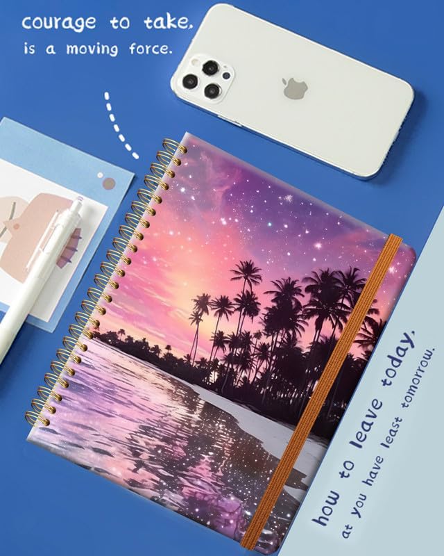 Ruled Spiral Writing Notebook,A5 Hardcover Lined College Journal for Women Girl,Strong Twin-Wire Binding with Premium Paper,8.4" X 6",Perfect for School,Office(Palm Tree Tropical Night Beach)