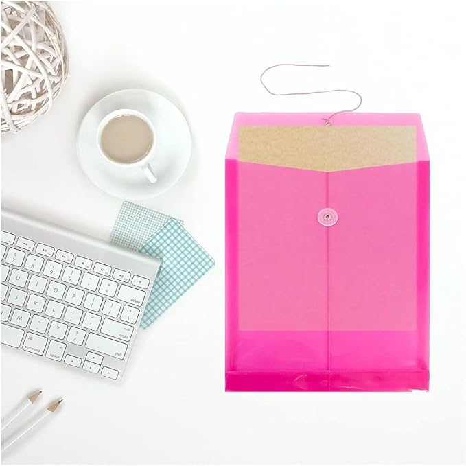 JAM PAPER Plastic Envelopes with Button & String Tie Closure - Letter Open End - 9 3/4 x 11 3/4 - Bright Hot Pink - 12/Pack