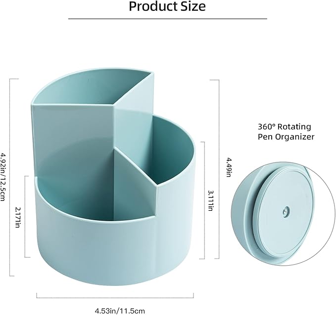 Desk Pencil Pen Holder, 3-Slot 360 Spinning Desk Organizer, Cute Pencil Cup Pot for Office, School, Art Supply - Blue