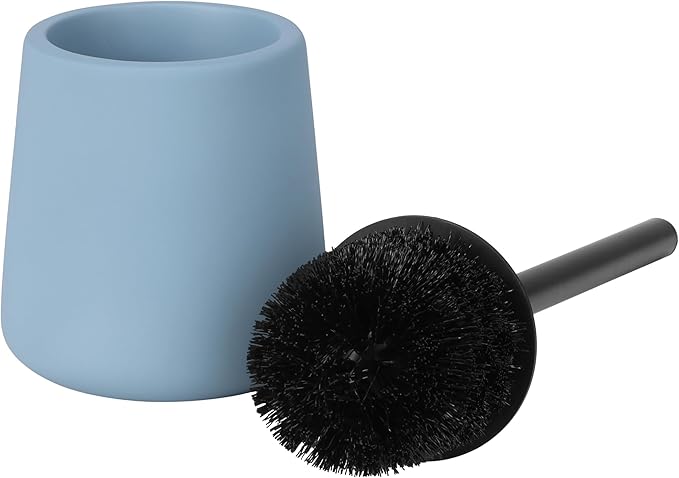Navaris Toilet Brush and Holder Set, Blue - Toilet Brushes & Holders - Soft Touch & Rubber Coated Loo Brush with Stainless Steel Handle - Adjustable Silicone Water Stopper