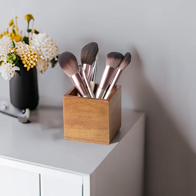 Acacia Wood Makeup Brush Holder Organizer for Vanity,Pen and Pencil Holder for Desk,Desktop Organizer for Store Marker, Makeup Brush, TV Remotes