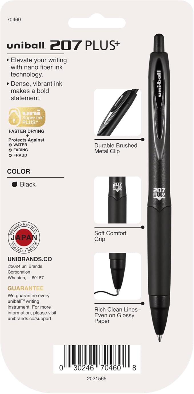 uniball 207 Plus+ Retractable Gel Pens, Medium Point, 0.7mm, Black Ink, 4/Pack (70460)