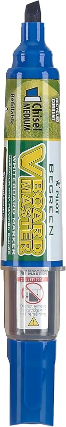 PILOT V Board Master BeGreen Refillable White Board Markers, Chisel Tip, Blue Ink, 12 Count