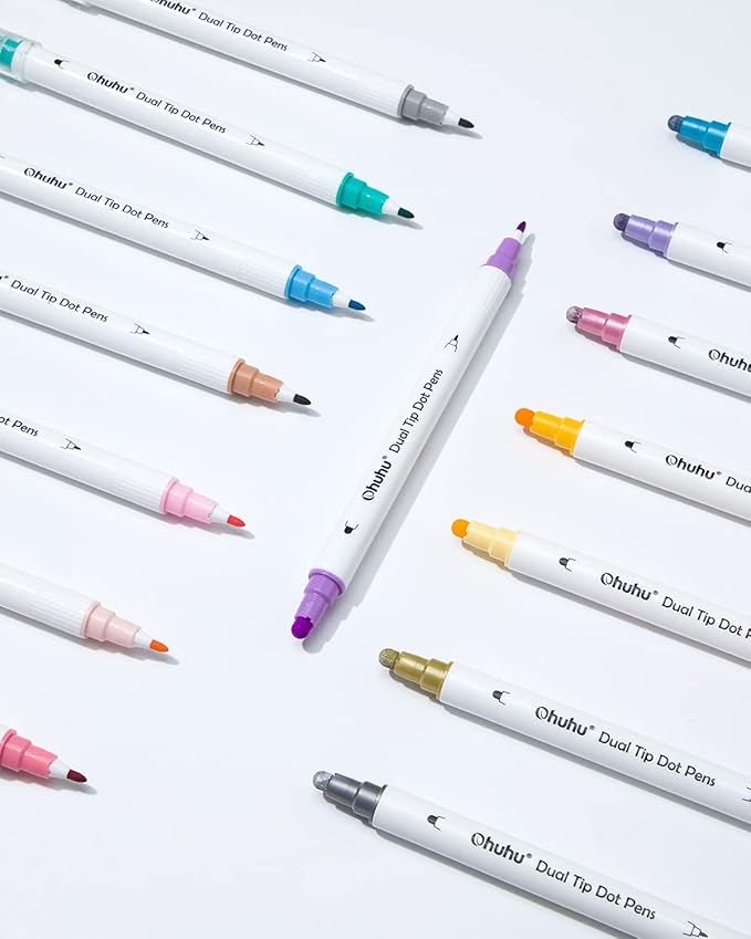 Ohuhu Dual Tip Dot Markers: 15 Colors Dot Marker Pens (Fine & Dot) for Kids Adults Water-Based Ink Metallic & Regular Colors Dot Pens for Journaling Scrapbooking DIY Highlighting Drawing Markers
