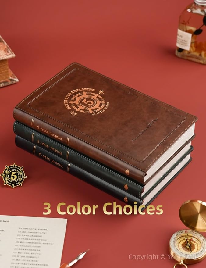 YouthWill Five Year Journal, 5-year Memory Notebook, Daily Journal, Undated Diary, One Line a Day, Soft Cover, Medium, 90gsm paper (Dark Green)