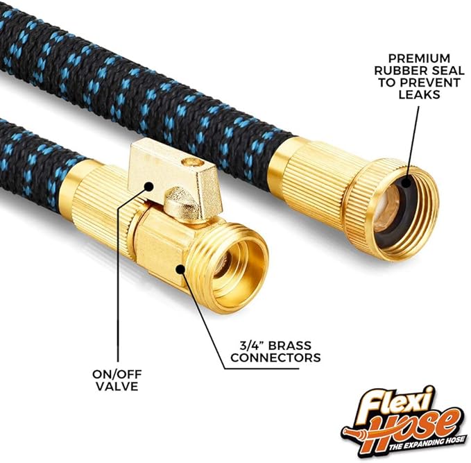 Flexi Hose with 8 Function Nozzle, 75FT - Lightweight Expandable Garden Hose, No-Kink Flexibility, 3/4 Inch Solid Brass Fittings and Double Latex Core
