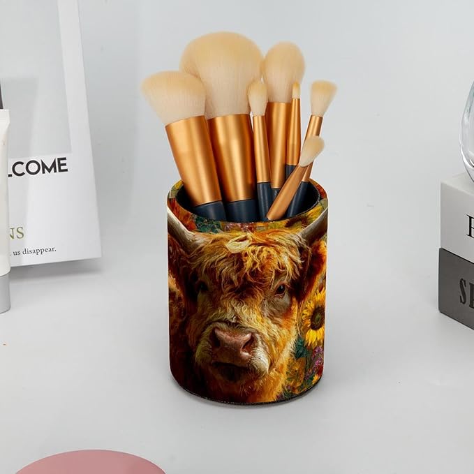 1 Pack Watercolor Sunflower Yak Circular Pen & Pencil Holder - Durable PU Leather Pencil Cup, Desk Accessories Organizer for Office Desk School Home