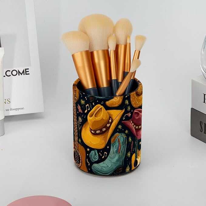 Western Cowboy Hat Circular Pen Holder, Pen Cup Makeup Brush Holder, Design for School, Home and Stationary Supplies (3.9 x 3.1 Inches)