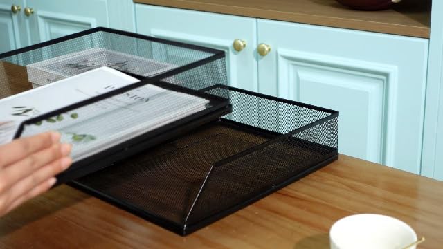 Hicarer 4 Pcs Black Metal Letter Tray Stackable Desk Tray Single Wire Mesh Organizer Front Load File Paper Holder for Desktop Office Home School Classroom (12.8 x 9.84 Inch)