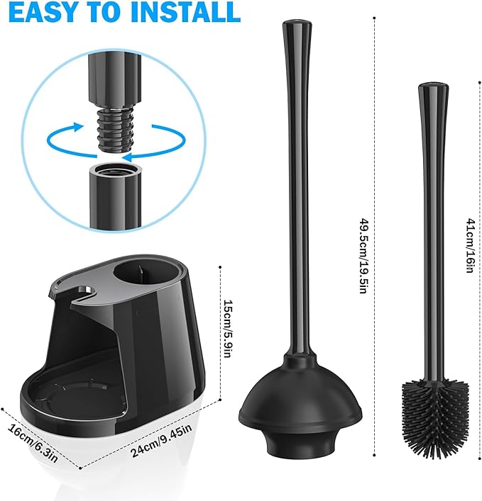 Toilet Plunger and Brush Set, Bowl Brush and Heavy Duty Toilet Plunger with Ventilated Holder, 2-in-1 Toilet Brush and Plunger Combo for Bathroom Deeply Cleaning(Black