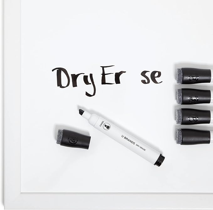 U Brands Fine Tip Dry Erase Markers with Eraser, Whiteboard Markers with Chisel tip, Extra Ink, Low Odor, Black, Set of 5