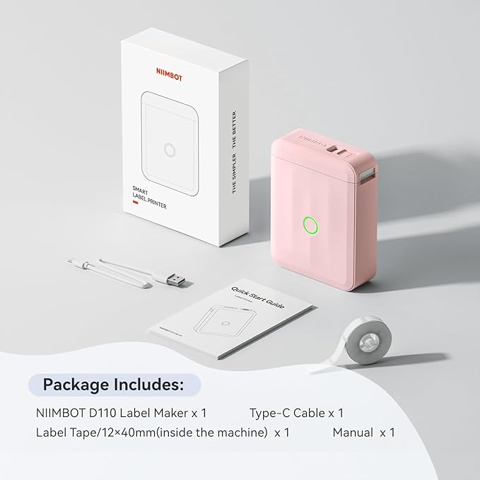 NIIMBOT D110 Upgraded Version Mini Label Maker Machine with Tape, Portable Bluetooth Thermal Printer, Sticker Labeler with Multiple Templates for Office Organization Home Kitchen School, Pink