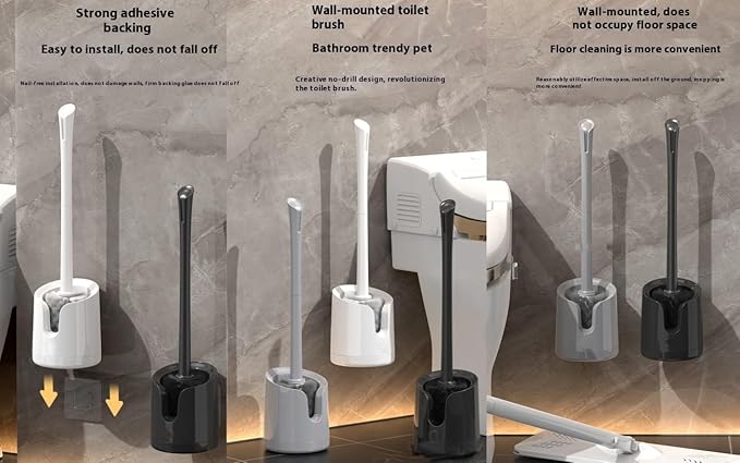 Wall Mounted Toilet Brush Set with No-Drill Adhesive & Drip-Free Tray Space-Saving Toilet Cleaning Brush Holder Deep CleansNoMessStorageSlides Under Sinks (Gray)