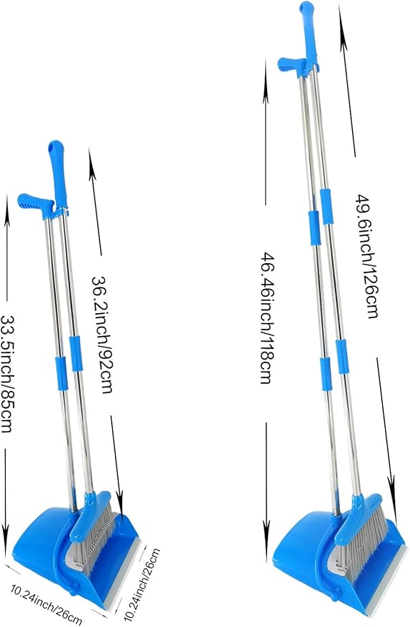 Xifando Extendable Long Handle Broom and Dustpan Set, Stainless Lightweight Upright Standing Broom and Dustpan Combo for Kitchen Lobby Office Living Room Household Indoor or Outside (Light Blue)