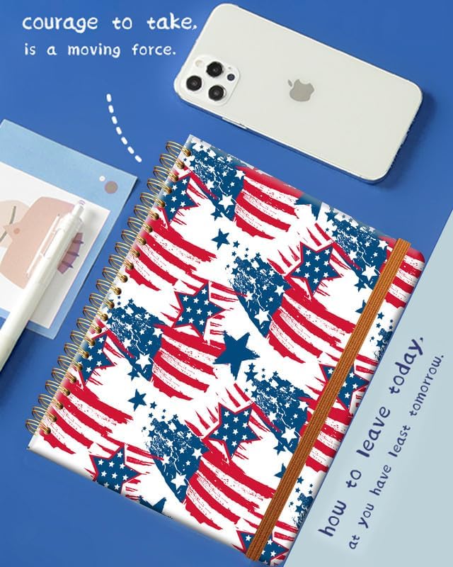 Ruled Spiral Writing Notebook,A5 Hardcover Lined College Journal for Women Girl,Strong Twin-Wire Binding with Premium Paper,8.4" X 6",Perfect for School,Office(4th of july American Flag)