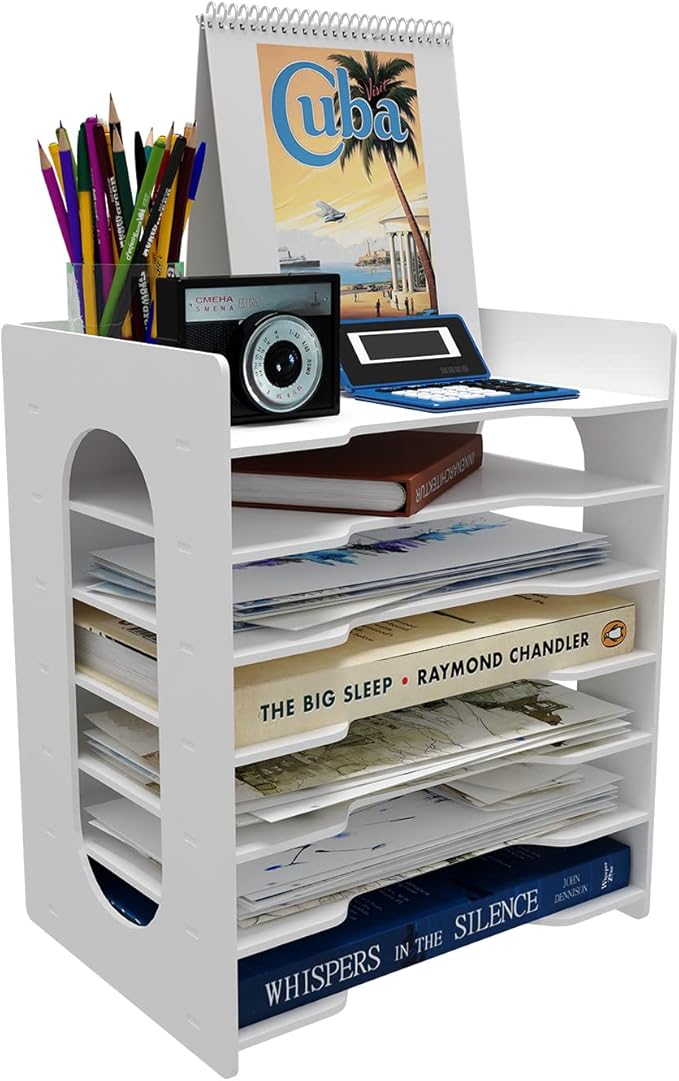 Natwind 7-Tier File Paper Organizer for Desk & Desktop - White File Holder with Mail Letter Tray & Paper Sorter for Home Office, School Classroom