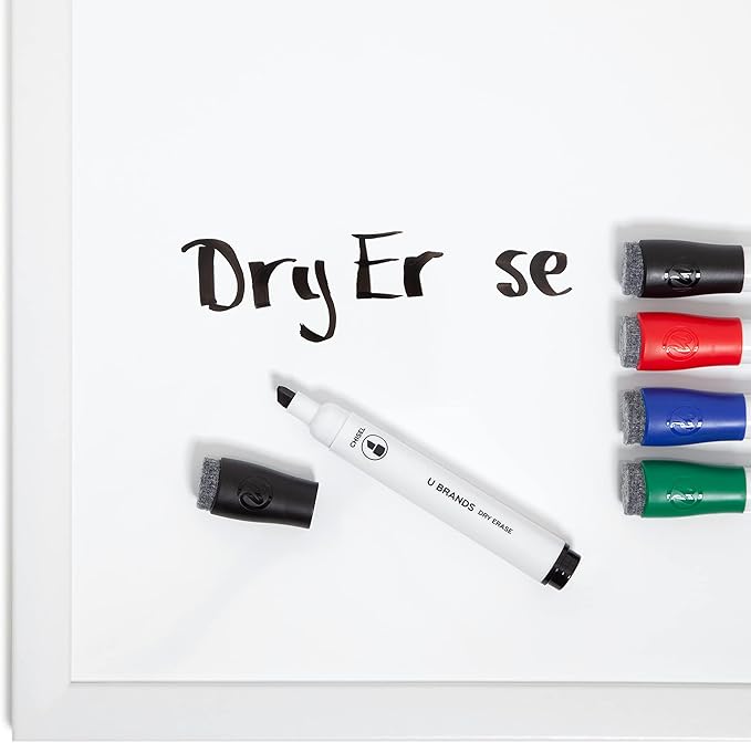 U Brands Fine Tip Dry Erase Markers with Eraser, Whiteboard Markers with Chisel tip, Extra Ink, Low Odor, Assorted Colors, Set of 5