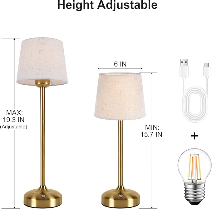 YAYZA! Cordless Table Lamp Adjustable Height Desk lamp, Fabric Shade 7500mAh Rechargeable LED Wireless Touch Night Light Stepless Dimming, 3 Color Temperatures with Edison Bulb (High Gold - 2 Pack)
