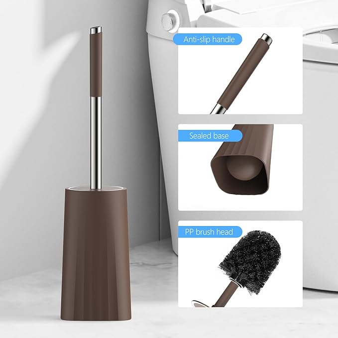 SetSail Toilet Brush, Compact Size Toilet Bowl Brush and Holder Toilet Brushes for Bathroom with Stainless Steel Handle Toilet Cleaner Brush with Durable Scrubbing Bristles, 2 Packs, Brown