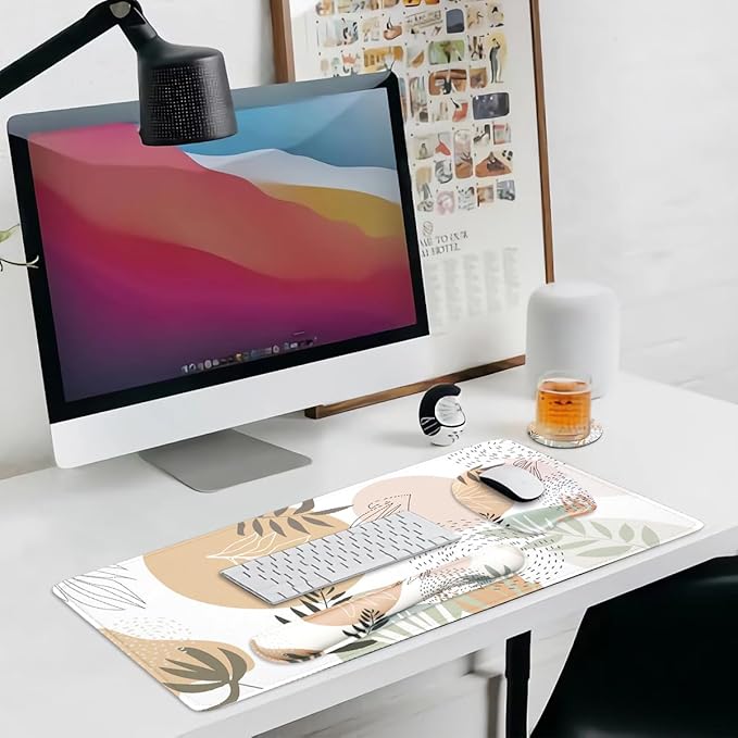 Keyboard Wrist Rest Large Mouse Pad Wrist Support for Computer, 4 in 1 Memory Foam Keyboard Pad Desk Mat Ergonomic Hand Rest Wrist Cushion for Home Office Gaming - Minimalist Plant