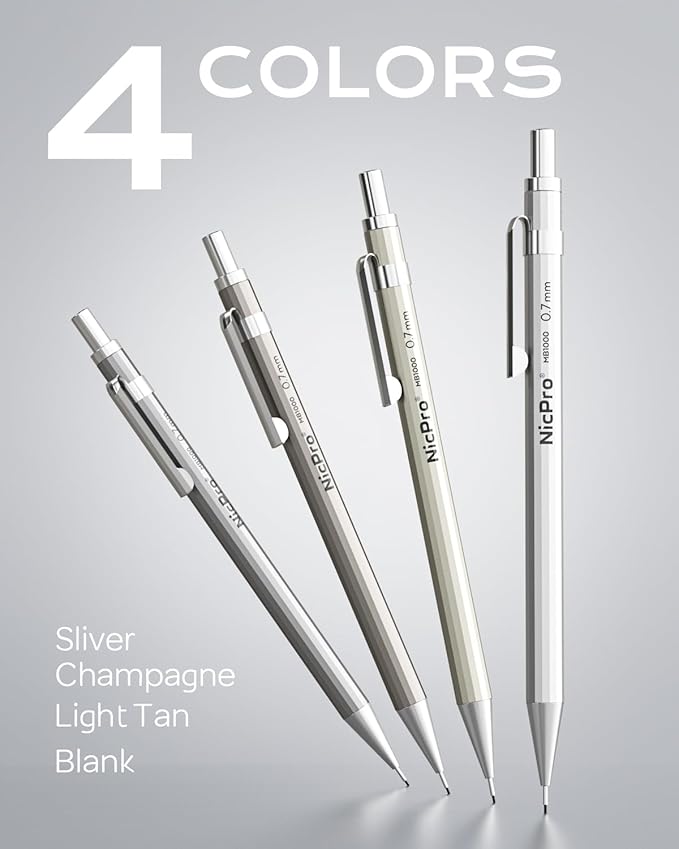 Nicpro 4 Pack Mechanical Pencil 0.7mm with Case, MB1000 Metal Mechanical Pencil Set with 6 Tube HB #2 Lead Refill 0.7 mm, 3PCS 4B Eraser, 9 Cap Eraser for Artist Drafting Writing, Sketching, Drawing