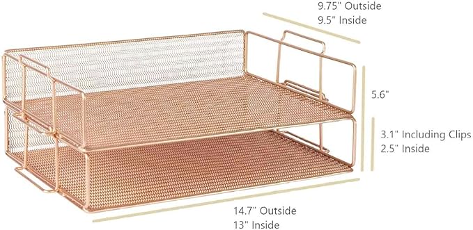 BLU MONACO Rose Gold Mesh Paper Tray – Set of 2 Stackable Letter Trays – Durable Metal Desk Organizer for Home, Office & School – Stylish Document Holder, File Storage, and Workspace Organizer