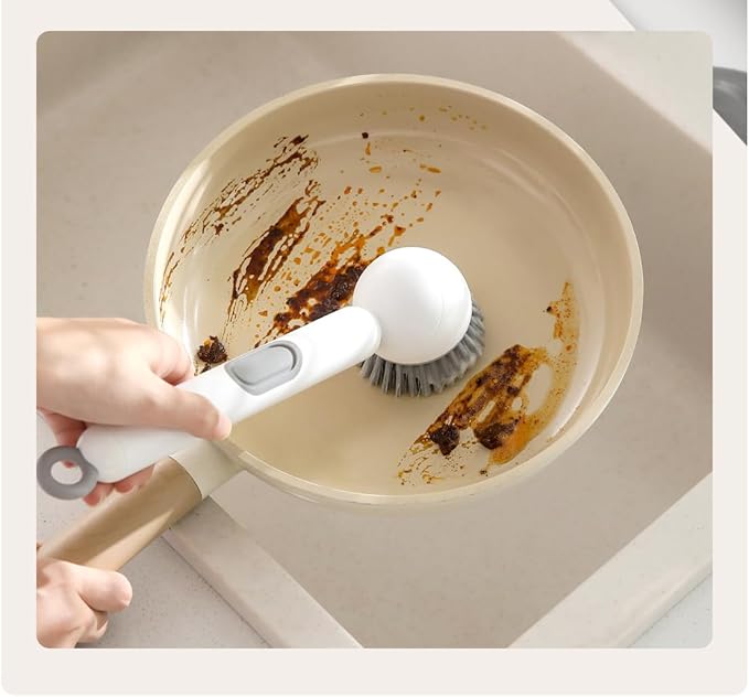 Rotating Dish Brush with Soap Dispensing Handle,Kitchen Scrub Brush with Hook,White