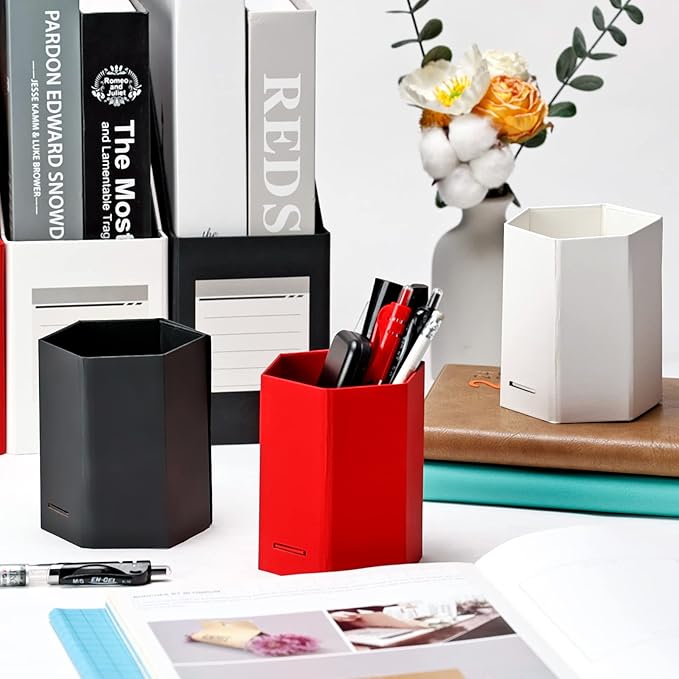 HUAPRINT Pen Holder,Red Pencil Holder for desk,3 Pack Cardboard Pen Organizer Desk,Pencil Cup for Office Home School Kids,3.14x3.14x4.33 inch