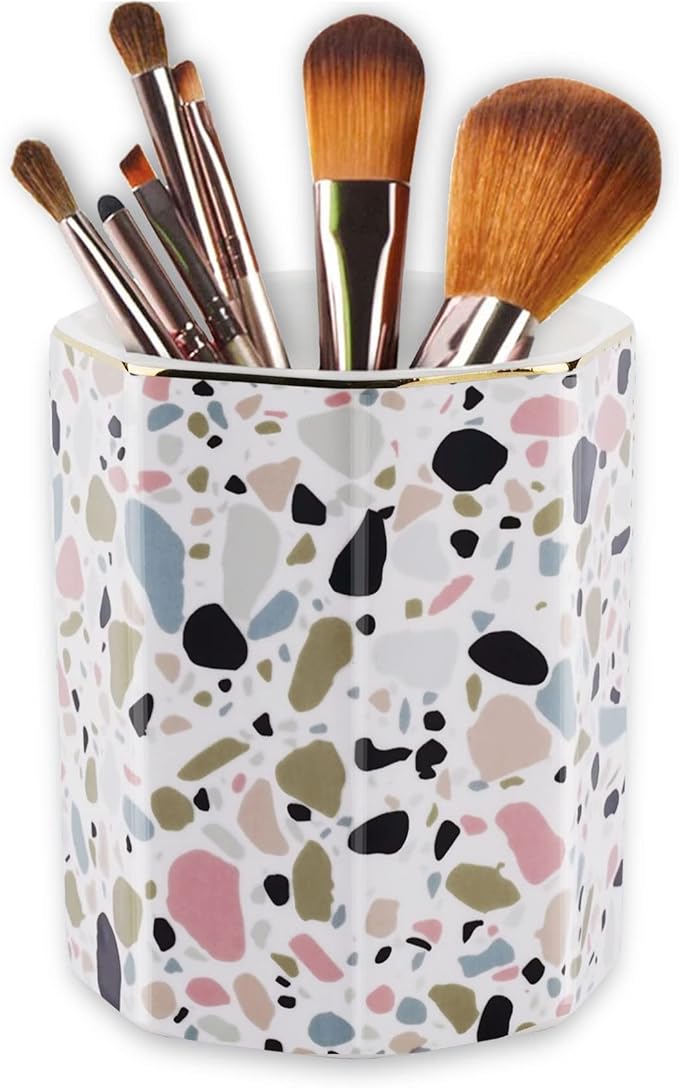 Pen Holder, Makeup Brush Holder Ceramic Shiny Gold Terrazzo Marble Stone Pattern Pencil Cup for Girls Kids Women Durable Stand Desk Organizer Storage Gift for Office, Classroom, Home Pink