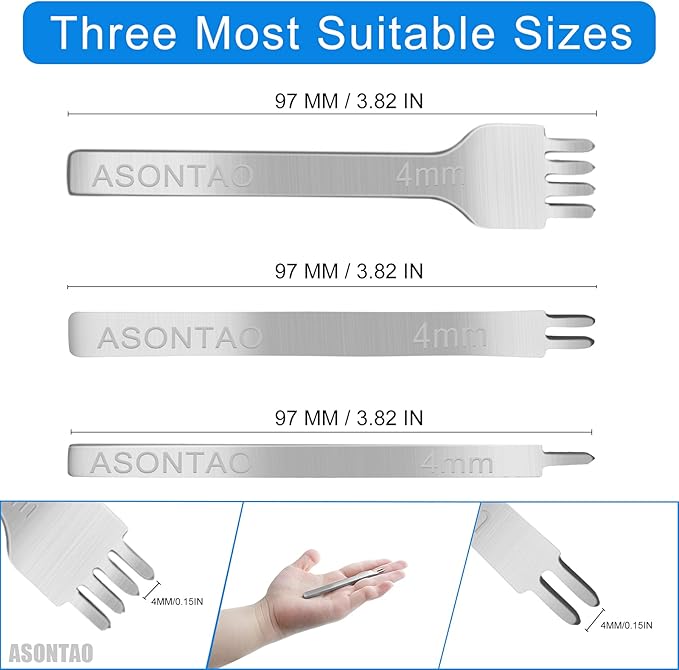 Professional Leather Stitching Chisel Set | 4mm White Steel Diamond Lishing Tools with 1/2/4 Prong & Hole Punch | Industrial-Grade Leather Craft Kit for Belts, Bags, Saddlery - ASONTAO