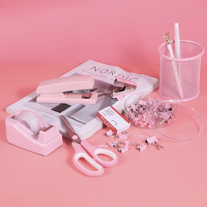 Pink Desk Accessories, Pink Office Supplies Set with Stapler, Tape Dispenser, Staple Remover, Pen Holder, Scissor, Binder/Paper Clips, Ballpoint Pen, Clear Tape and 1000pcs Staples