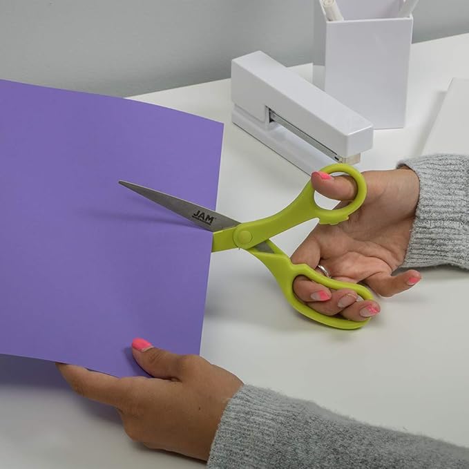 JAM PAPER Multi-Purpose Precision Scissors - 8 Inch - Neon Lime Green - Ergonomic Handle & Stainless Steel Blades - Sold Individually