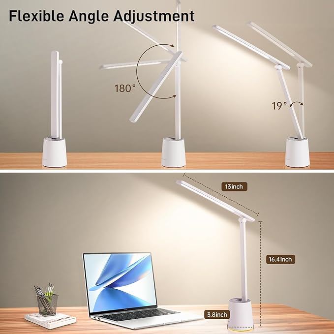 Pak LED Desk Lamp, Dimmable Eye-Caring Desk Light with 5 Color Modes & Brightness Levels, Portable Small Study Reading Table Lamp with Night Mode, Touch Control, Ideal for Home Office, Dorm, White