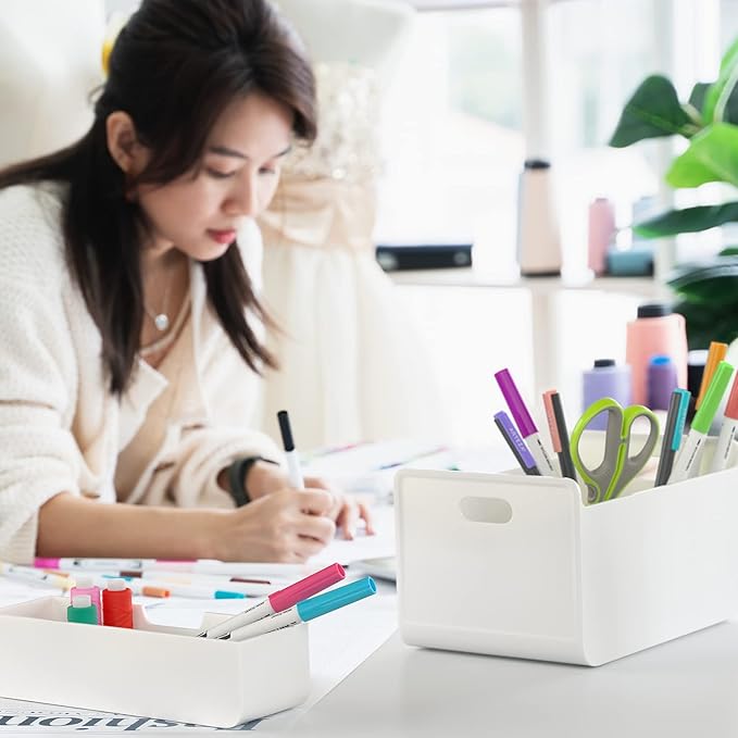 ARTEZA Small Desk Organizer with Drawer – Portable White Caddy with Pen Holder, Lightweight Office Supply Storage for Desk, Classroom, or Dorm