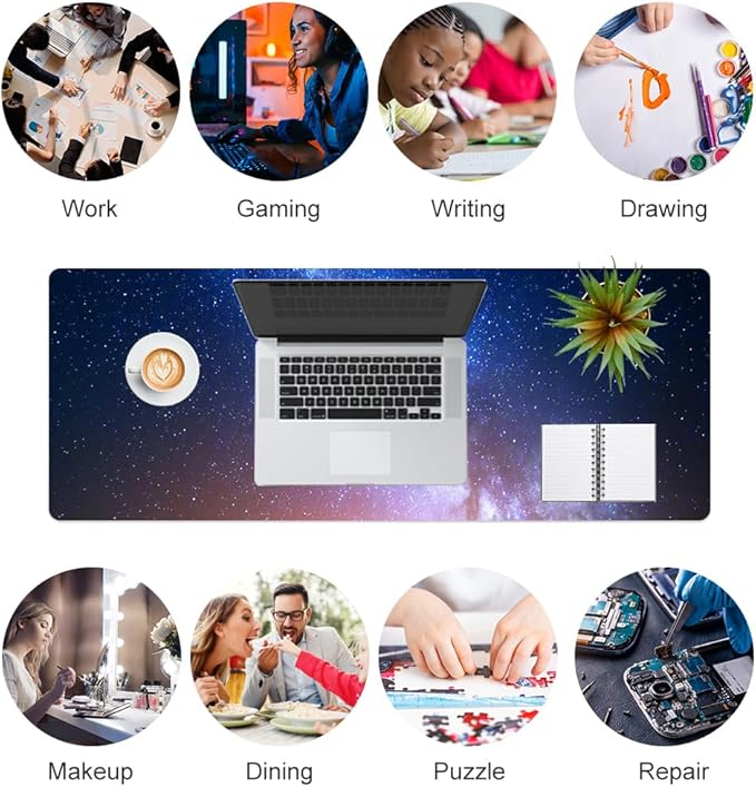 QIYI Large Desk Pad, Milky Way Mouse Pad Desktop Decor, Waterproof PU Leather Desk Cover Protector, Desk Accessories for Office Home Work Writing Gaming 31.5" x 11.8" - Blue Galaxy