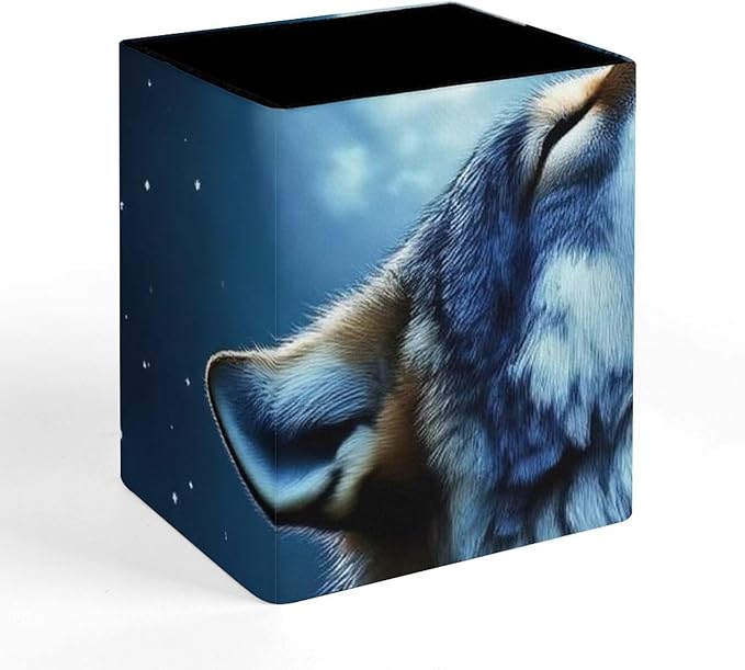 Holder Cup Makeup Brush Storage Organizer, Waterproof Multifunctional Office Supplies, Pen Holder Square Leather Pencil Full Moon Wolf