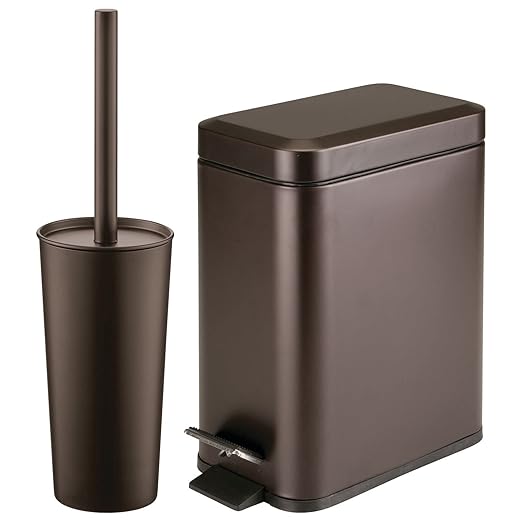mDesign Metal Freestanding Slim Toilet Bowl Brush and Holder + Rectangle Narrow 5 Liter / 1.3 Gallon Step Pedal Trash Can Wastebasket for Bathroom - Small, Compact Design - Set of 2 - Bronze