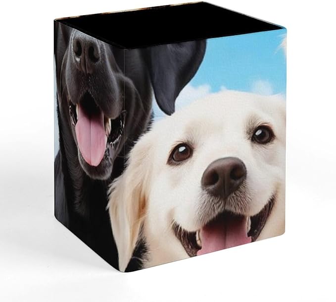 Pen Holder Square Leather Pencil, Holder Cup Makeup Brush Storage Organizer, Waterproof Multifunctional Office Supplies Cute Dogs