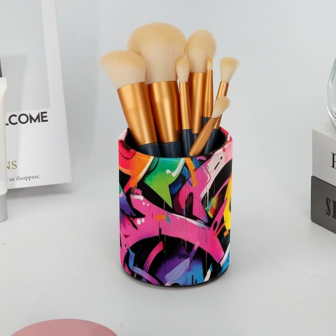 Leather Pen Holder for Desk Cartoon Graffiti Pencil Cup Desktop Organizer Makeup Brush Holders Office Supplies for Home, Kids & School