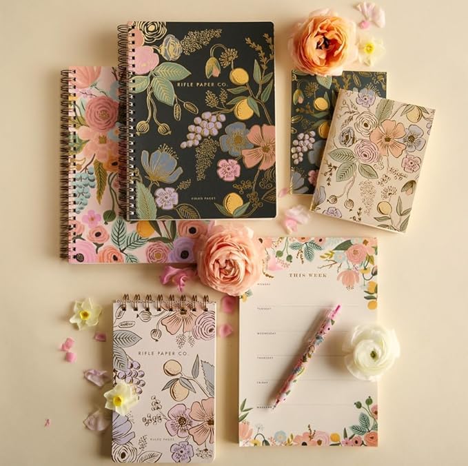 RIFLE PAPER CO. Colette Spiral-Bound Notebook, 150 Pages, Inner Storage Pocket Folders, Full Color Cover Features Metallic Gold Foil Accents. 8.25" L x 6.25" W