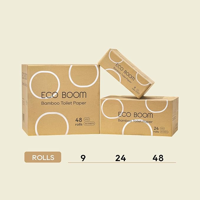 ECO BOOM Toilet Paper 100% Bamboo 3-fly, Plastic-Free & Tree-Free, strong, FSC Certified, Unscented, 9 Rolls, 360 Sheets | PFAS Free, BPA Free & Septic Safe