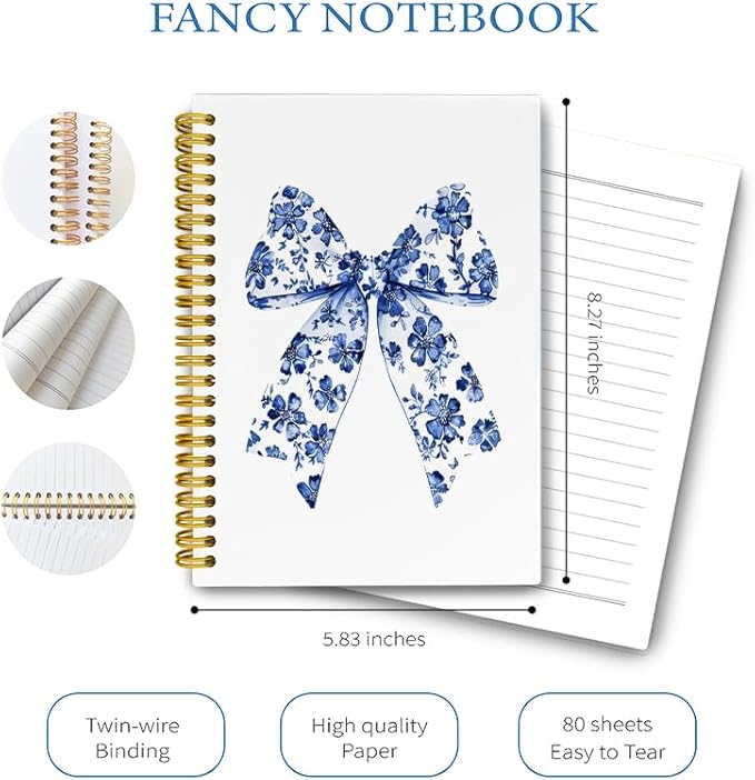 LiTiu Coquette Preppy Notebook, Girly Style Aesthetic Spiral Journaling Notebook for School Teen Girls, Blue Bow Preppy Funky Hardcover Spiral Notebook 80 Sheets 5.8x8.3
