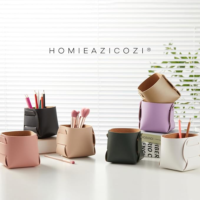 HOMIEAZICOZI 2-Pack Cork Leather Desk Accessories Storage - Pencil Pen Holder - Makeup Brush Holder Organizer - Stylish Addition to Home Decor (White)
